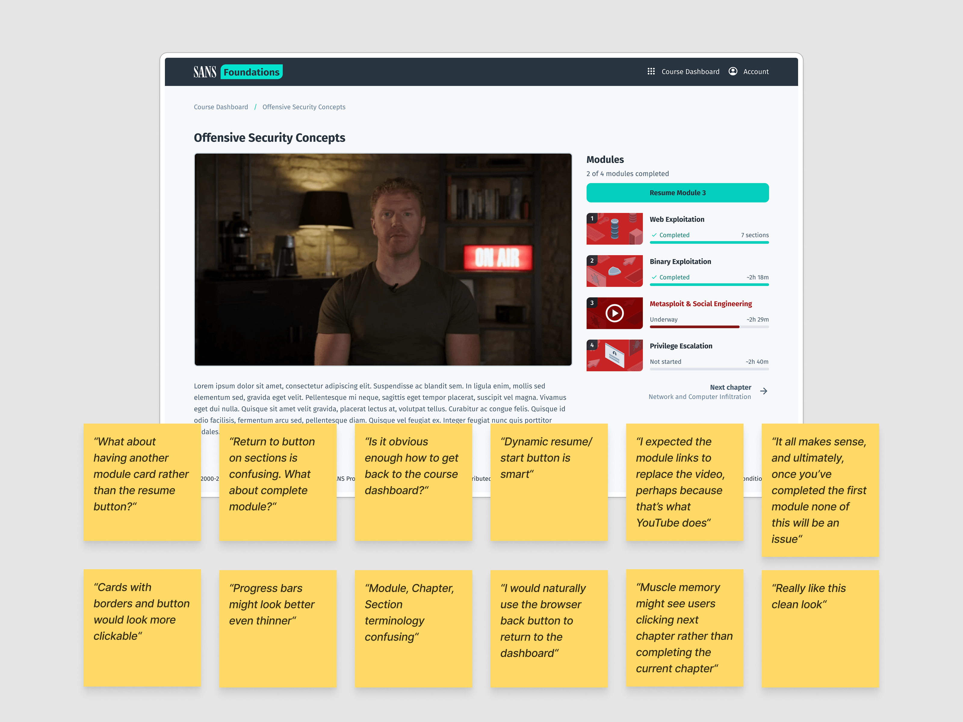 User testing feedback of the module landing page